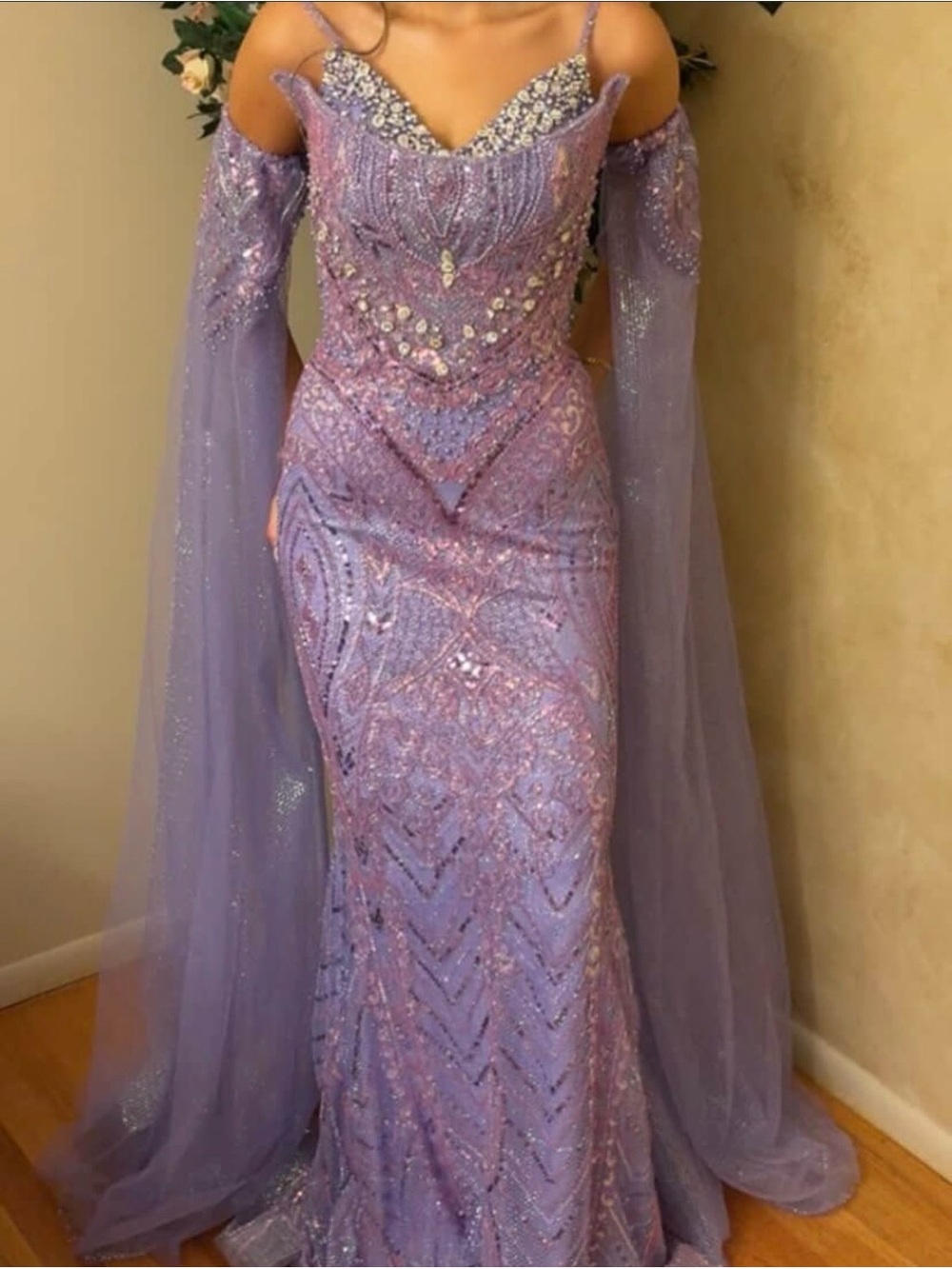 Lavender Off-Shoulder Beaded Evening Gown